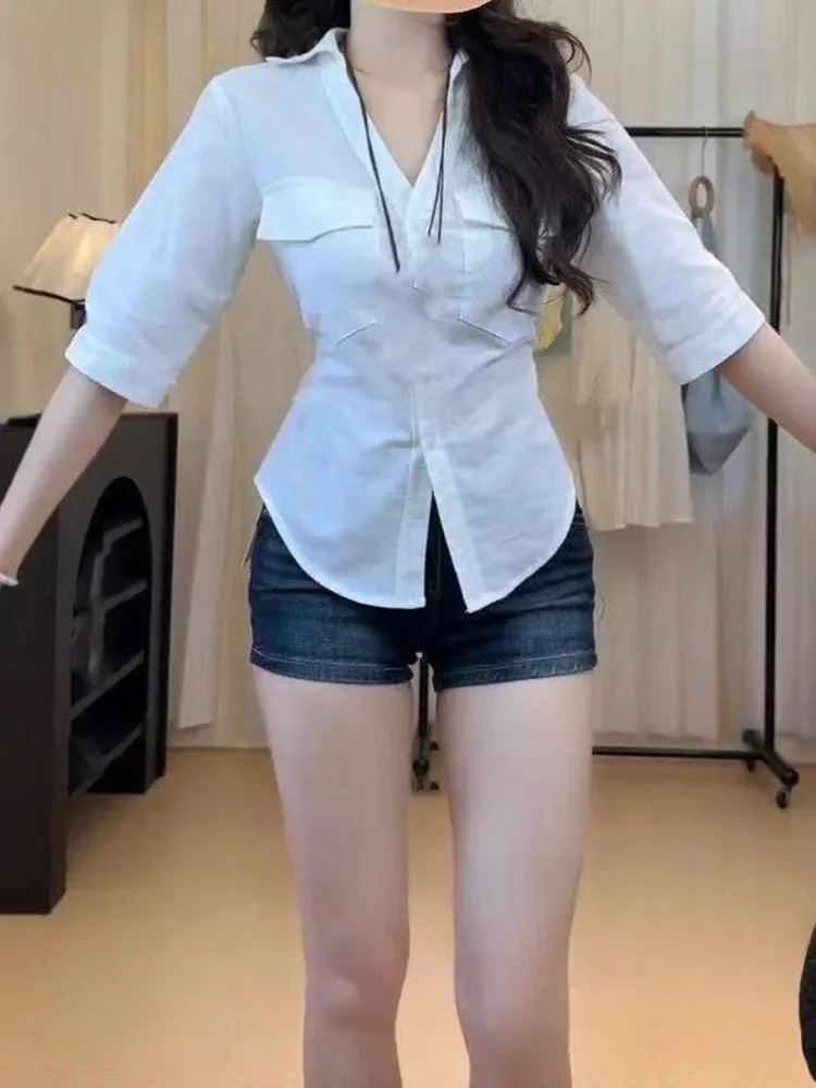 

V-neck White Blouses 2025 Camisas De Mujer Women's Clothing Slim Fit Bandage Shirts Short Sleeve Chic Korean Summer Blouse Tops