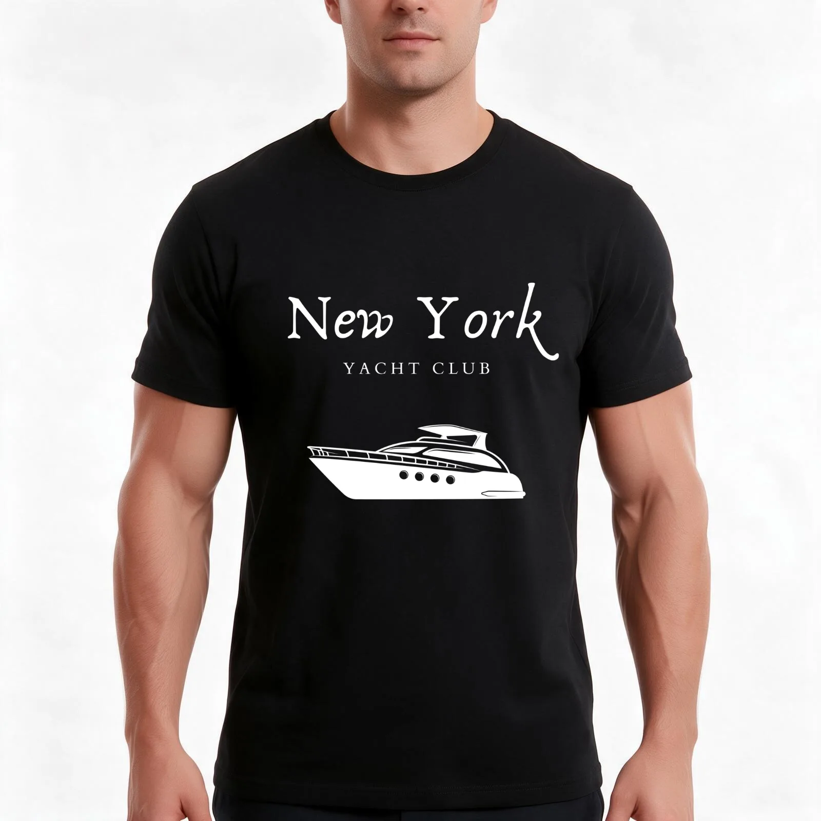 New york yacht club T-Shirt, Summer Casual Cotton Tee, Oversized Streetwear Tops, Vintage Graphic Print, Loose Fit Short Sleeve