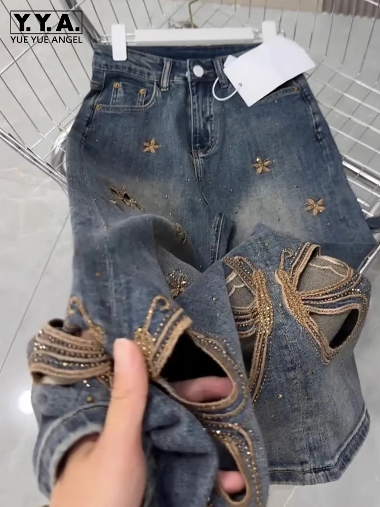 

Vintage Women Embroidery Butterfly Hollow Out Diamonds Straight Denim Pants High Street Casual Lady Jeans Long Wide Leg Pants
