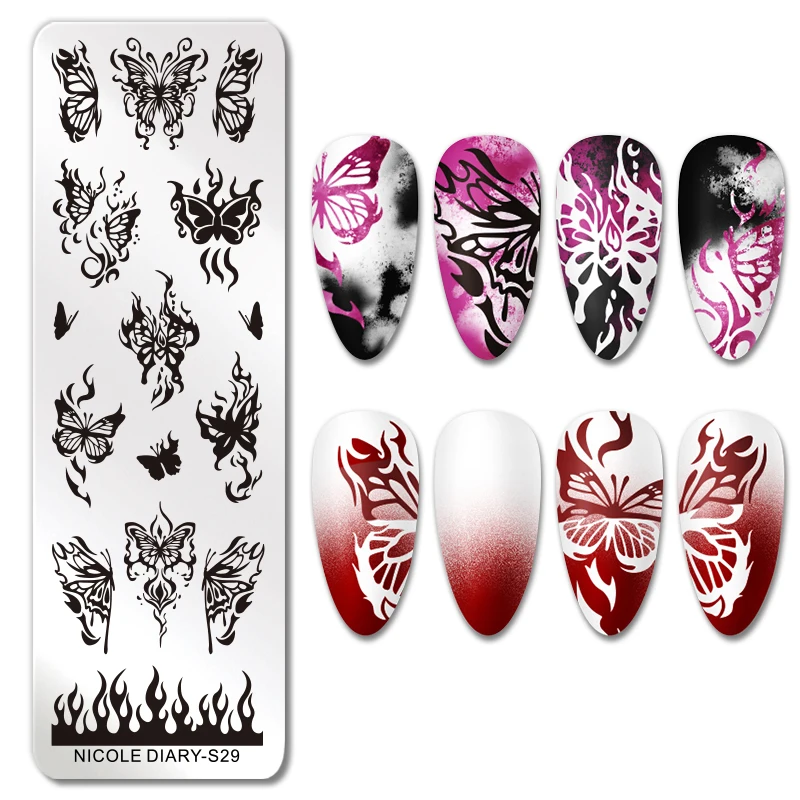 NICOLE DIARY motyl Nail Art płytka do stemplowania szablon do rysowania geometryczny wzór kwiatu lamparta szablon formy narzędzia do drukowania paznokci