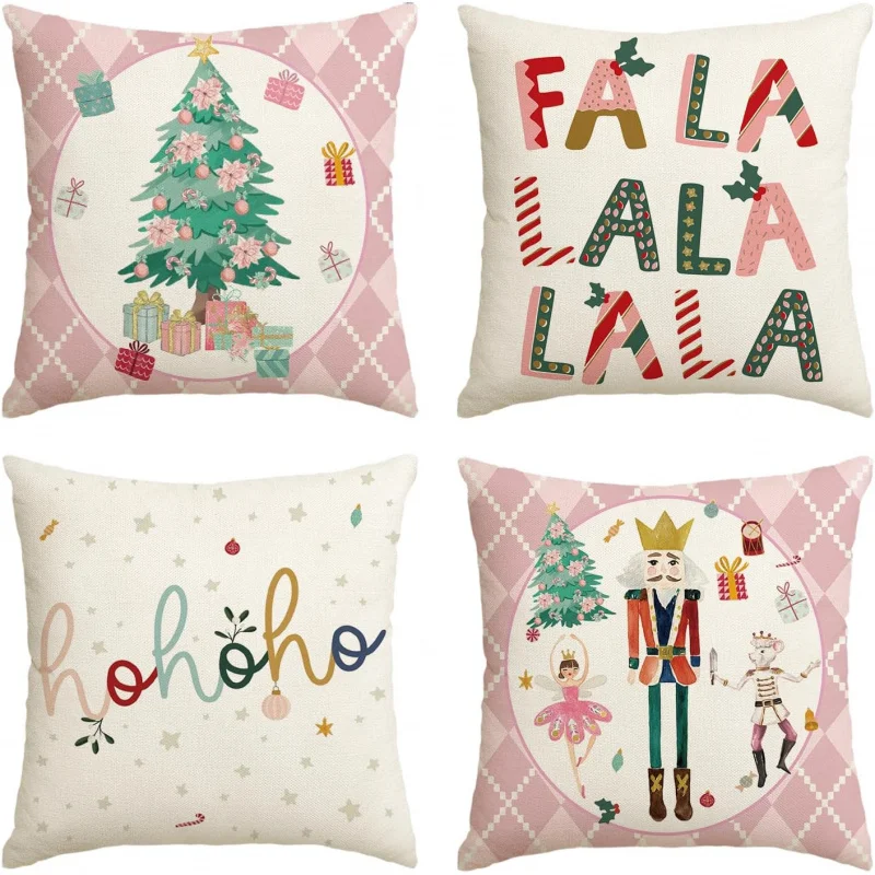 Merry Christmas Nutcracker Pink Pillow Cover 18 x 18 inches Winter Party Cushion Cover Decorative Sofa 4-piece Set