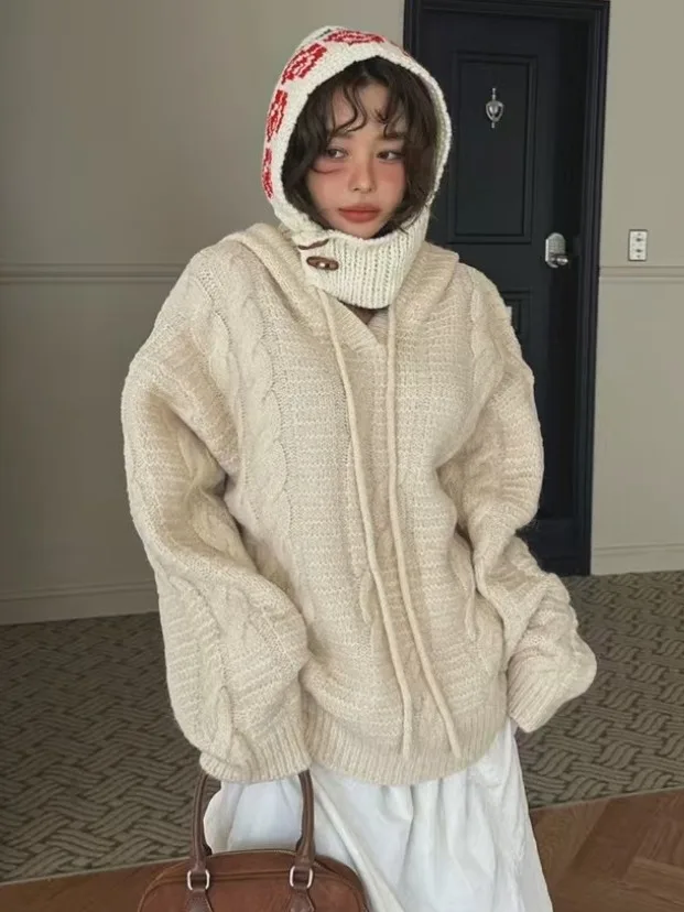 سترة محبوكة أنيقة للخريف والشتاء، فضفاضة وعصرية، دافئة بتصميم قبعة، متعددة الاستخدامات ومريحة، قطعة علوية أنيقة للنساء