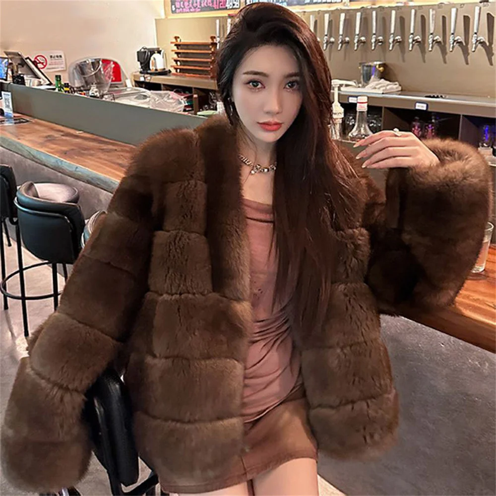 여성 인조 모피 코트 따뜻하고 폭신한 루즈핏 긴팔 라운드넥 여성 재킷 겨울옷 여성 패션 하이 스트릿 여성 아우터