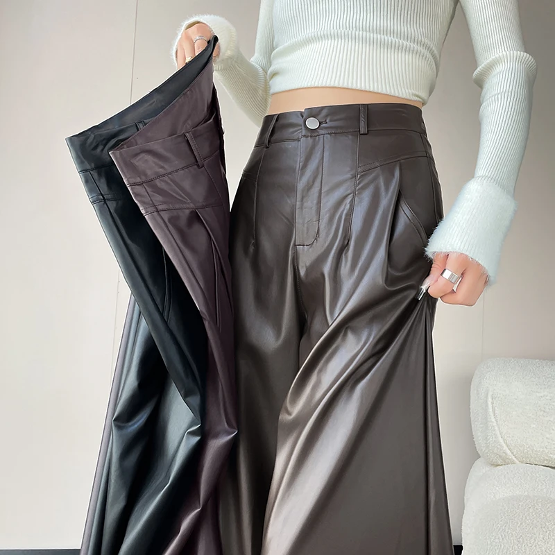 

Women's PU Leather Pockets High Waisted Straight Leg Pants Fashion High Street Solid Color Casual Trendy Trousers Bottoms
