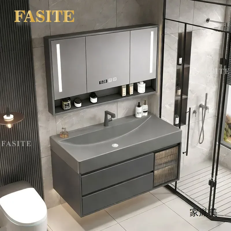 Modern Gold Stone Integrated Basin Smart Bathroom Vanity Cabinet with Sink Simple Wall Mounted Washbasin Unit for Small