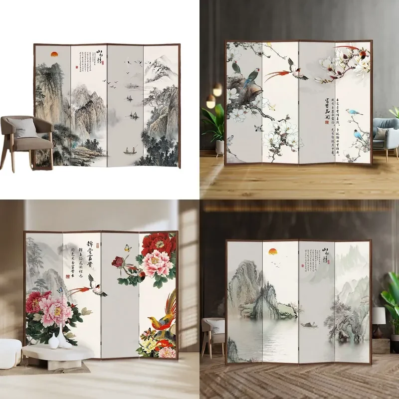 New Chinese Style Folding Screen Room Divider Movable Landscape Partition for Entrance Office Tea Room Home Decor