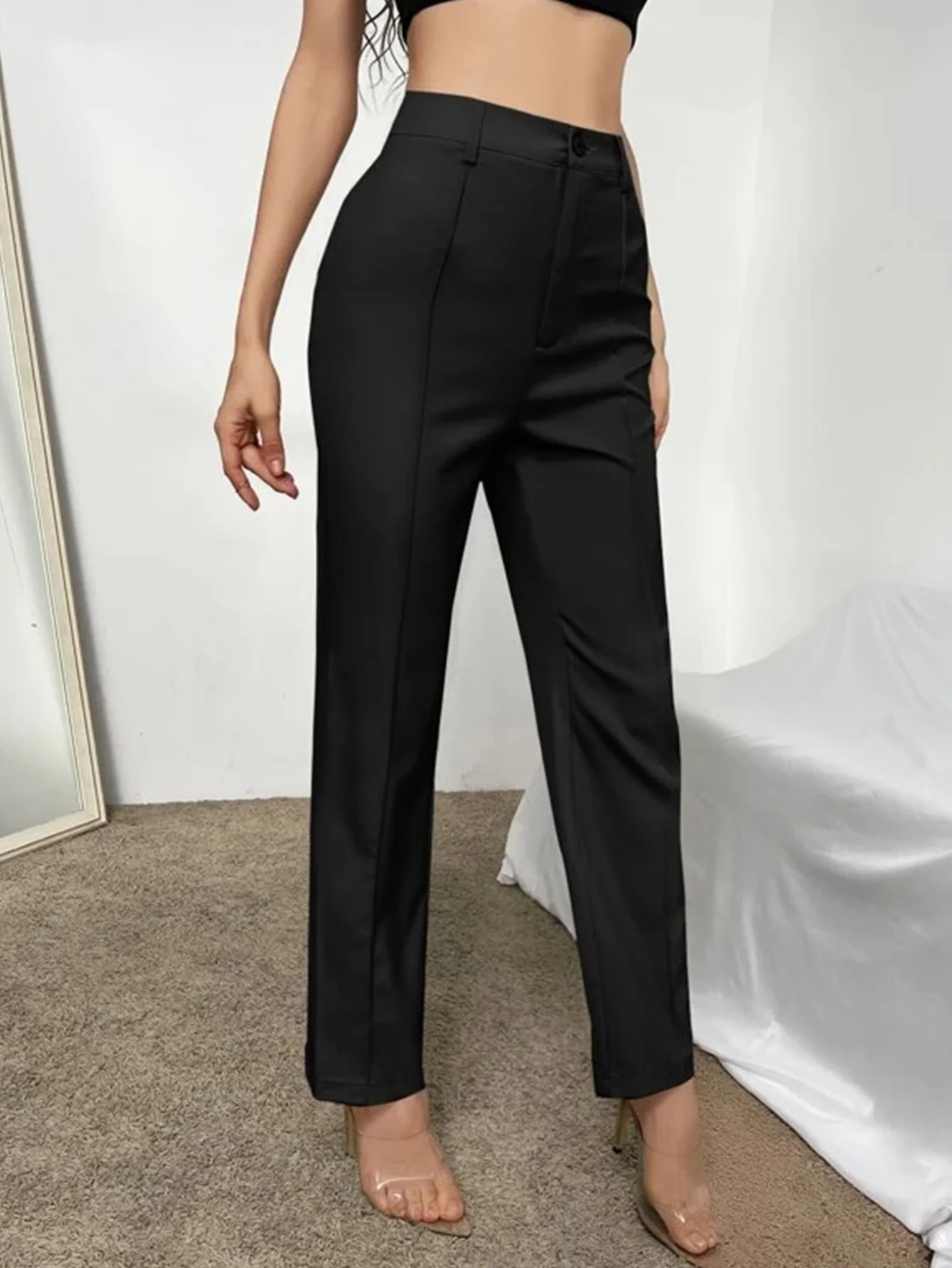 

2024 New Fashion Casual Women's A-line Pants High Waisted Solid Black Color Suit Seam Details Suit Straight Trousers