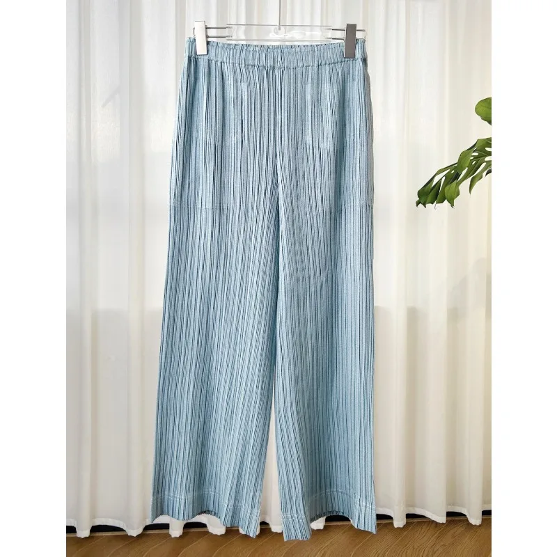 Miyake Pleated Wide-Leg Pants Women 2026 Autumn New Faux Denim Topstitch Pocket Vertical Pleats Casual Straight-Leg Trousers