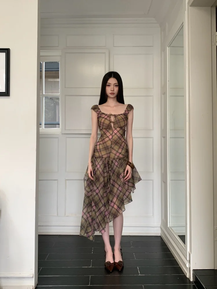 Summer Plaid Chiffon Chic Backless Sexy Sling Dress Women Elegant Bandage Casual Dress 2026 Korean Bodycon Luxury Evening Dress