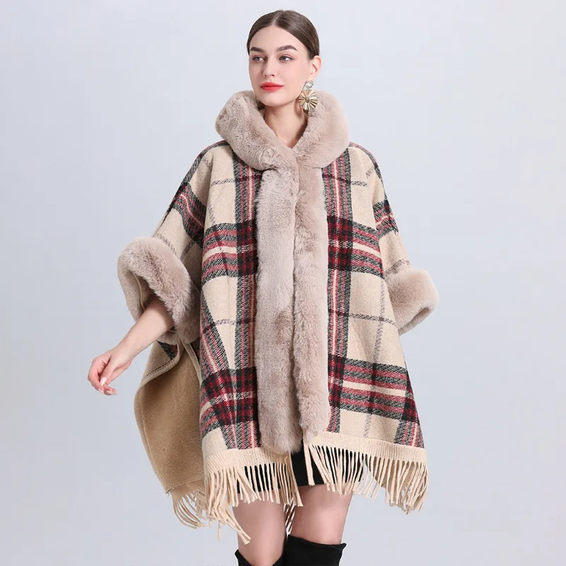 10 Stil Winter Frauen Plaid Poncho Umhang Kunst pelz Kragen Quaste Umhang verdicken warmen Samt außerhalb losen Weihnachts mantel mit Hut