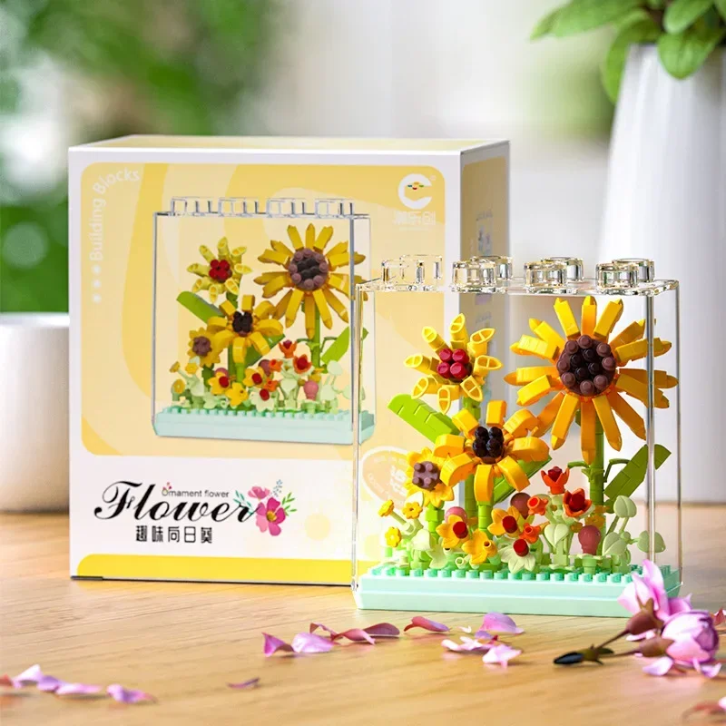 DIY Plant Flower Micro Building Blocks Sunflower Gardenia Camellia Carnation Assembled 3D Model Mini Brick  With Display Box