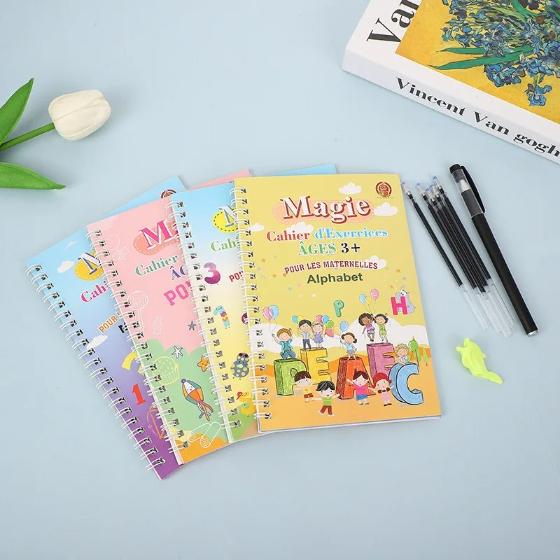 French Reusable Alphabet 3D Calligraphy Book Learning Drawing Copybook Numbers Education for Kids Letter Practice 4 Books/set