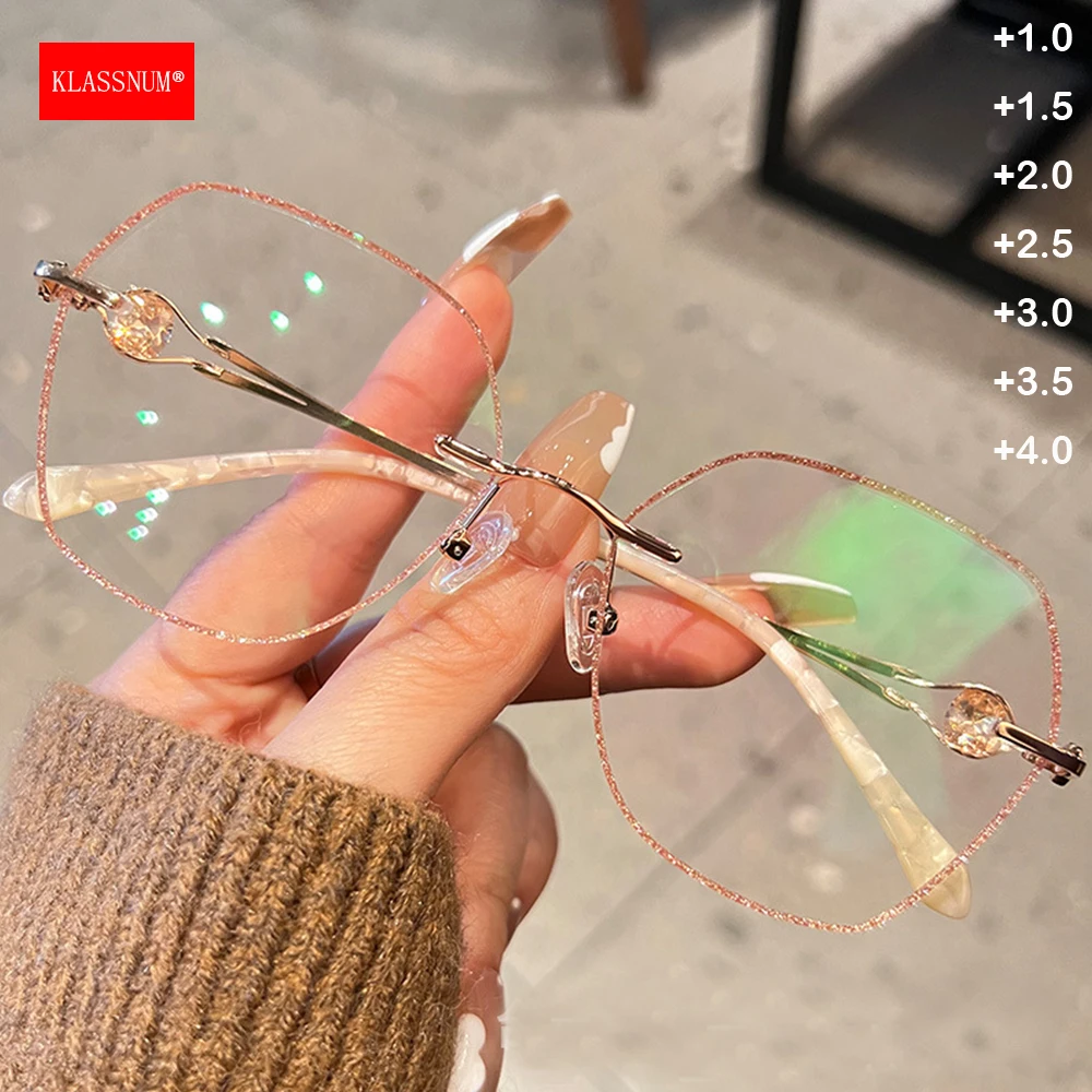KLASSNUM Rimless Sparkling Trim Reading Glasses 2026 Trendy Women Magnifying Lens presbyopic glasses +1.0+1.5+2.0+2.5+3.0+3.5