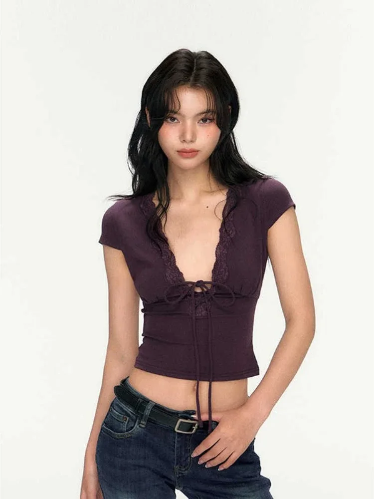 Sexy Deep V-neck Bandage Vintage Grunge Tshirts Women Y2k Aesthetic Lace Patchwork Tops Harajuku Fairy Bodycon Cropped Tees