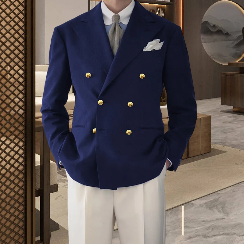 

Men Trendy Leisure Boutique Blue Suit Jacket Autumn Casual Business Slim Fit Non-ironing double Button Suit Solid Formal Blouse