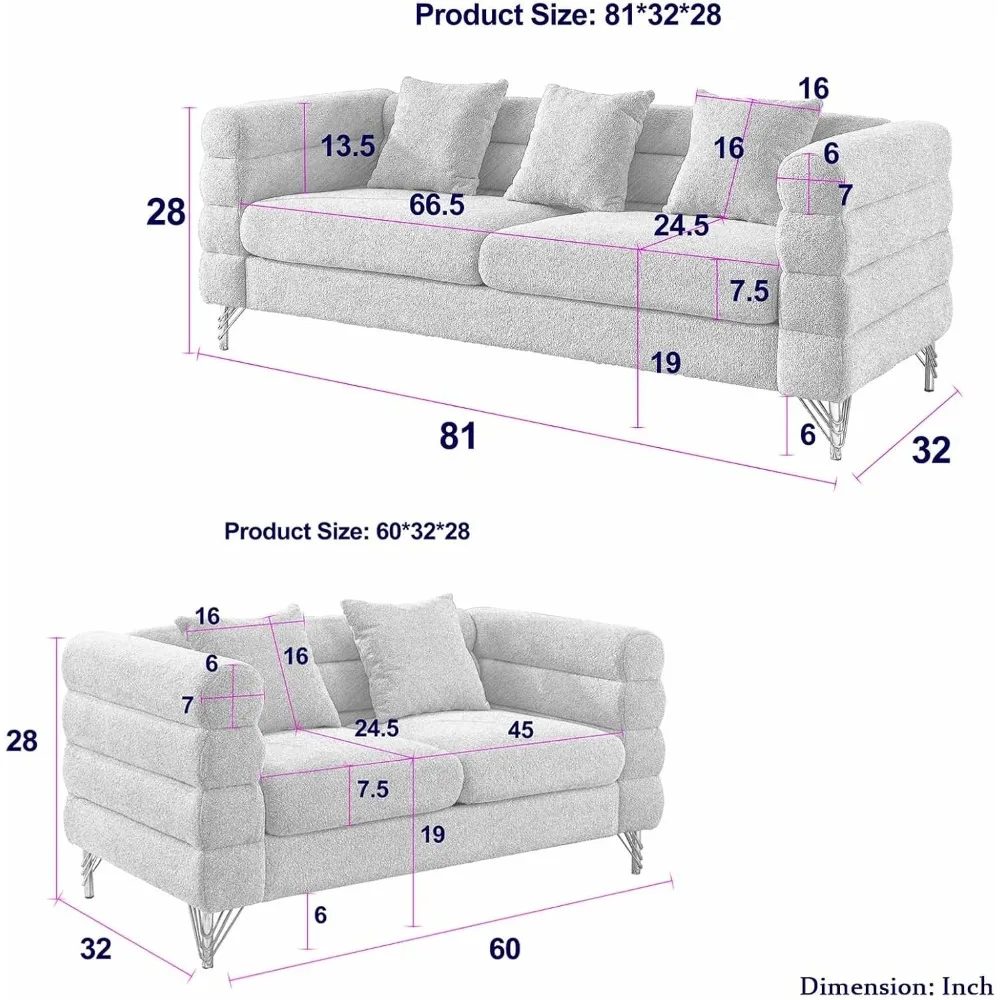 Comfy 3 Seater Sofa, 81-inch Oversized Boucle Couch with Deep Seat Design, Upholstered Sofa Couch with 2 Pillows