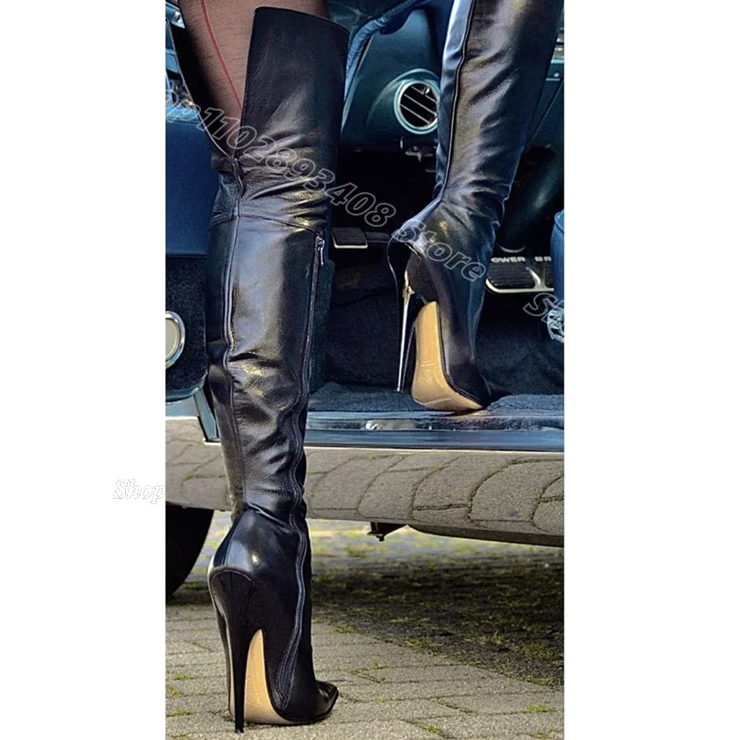 

Black Leather Stiletto Over Knee Boots Pointed Toe Side Zipper British Style Party Casual Women Shoes 2024 Zapatos Para Mujere