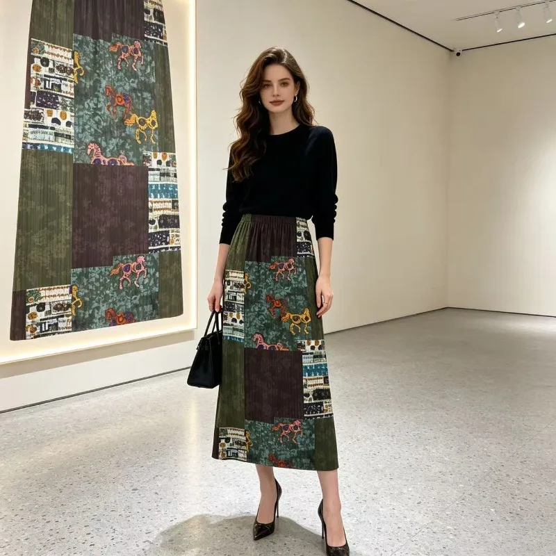 Miyake Pleated 2026 Original Retro Art Print Pleated Skirt Women Summer New Fashion Design High Waist Casual A-line Skirt Pleat