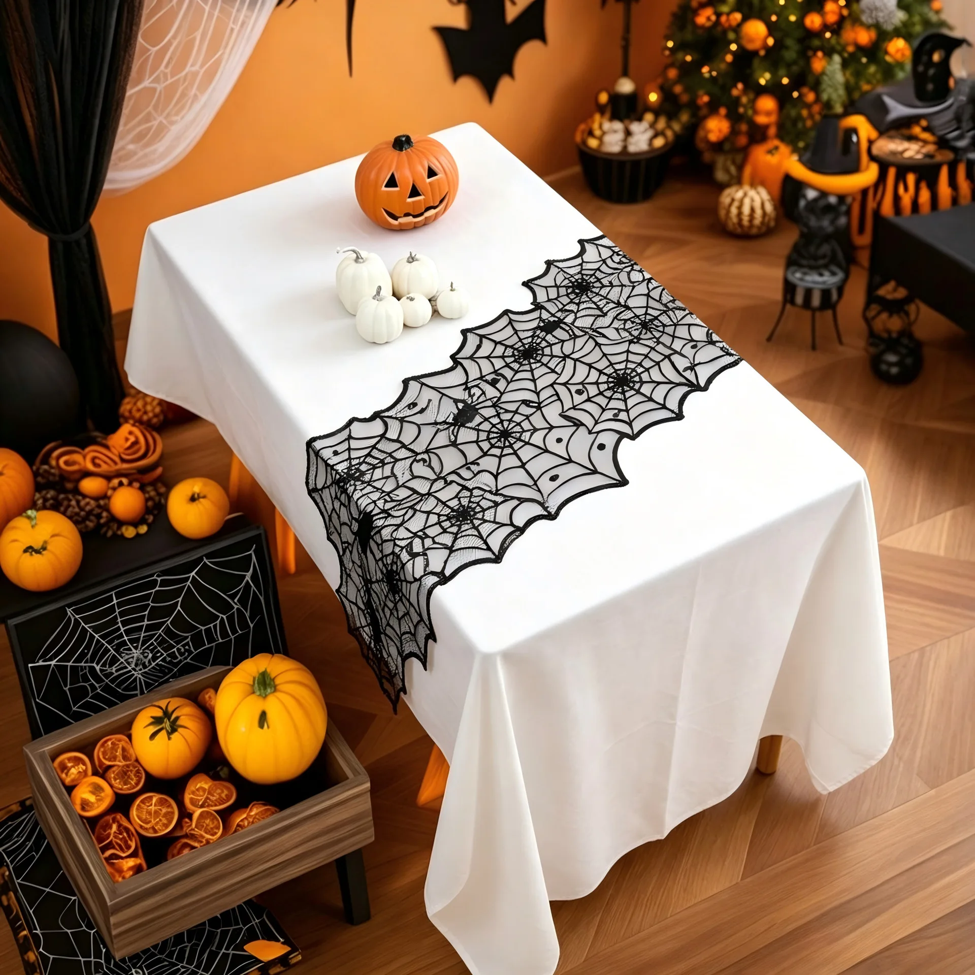 Halloween dark style spider web lace tablecloth restaurant fireplace festive atmosphere decorative cover