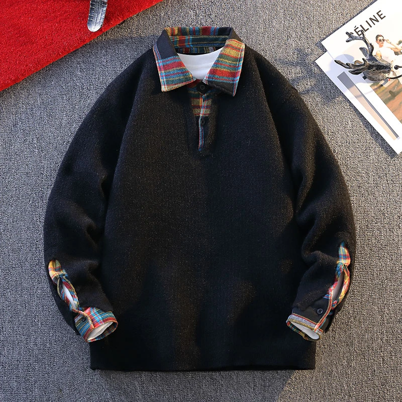 

GIOIOMen's Sweater，Autumn and Winter High Quality Anti Pilling Stitching Plaid Lapel Casual Knitted Pullover，Base Layer Shirt