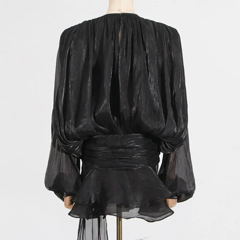 Women Dress Shirt Round Neck Lace-up Puff Long Sleeve Pullover Tops Zipper Closure Blouse Mini Dresses Spliced Lace Up Clothing
