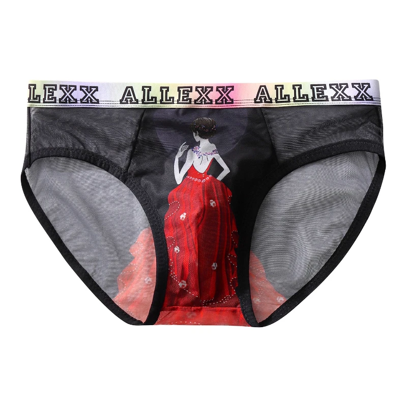 Men's Briefs Ice Silk Fashion Character Printing Panties U Convex Pouch See Through Underwear Mesh Sissy Lingerie Erotic Hombre