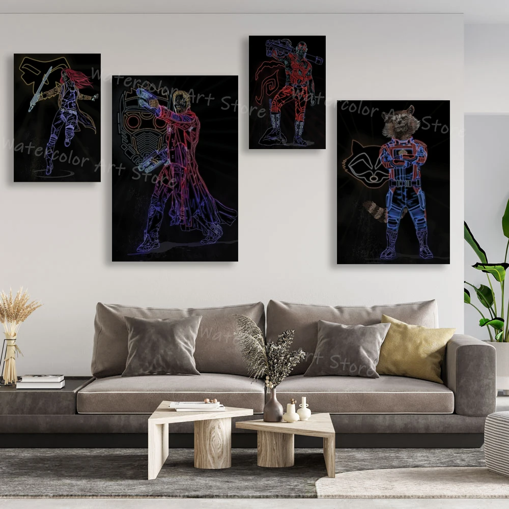 Disney Neon Marvel Comics Canvas Poster Star-Lord Rocket Raccoon Superhero Wall Art Painting Prints Bedroom Porch Home Decor