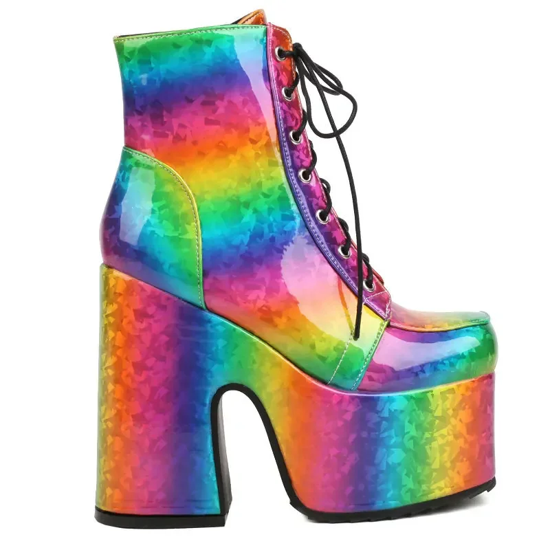 Rainbow Colorful Gradient Color Lace-up Platform Women Gothic Shoes Block High Heels Winter Warm Ankle Riding Motorcycle Boots