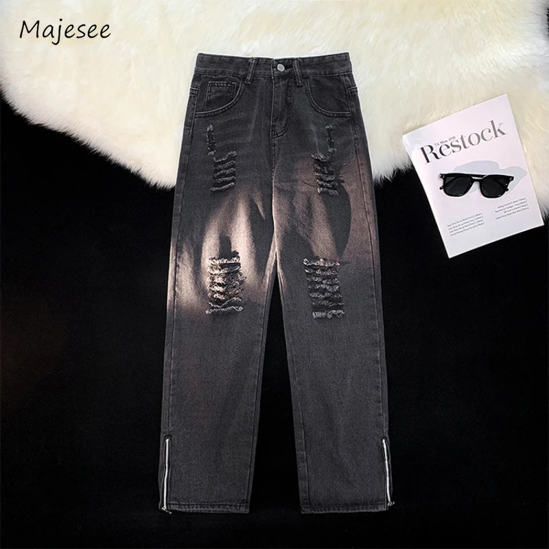 

Frayed Jeans Men High Street Bleached Daily All-match Side-slit American Style Teenagers Straight Spring Autumn