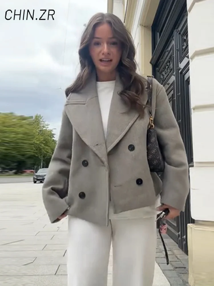 Elegant Women’s Short Woolen Coats Loose Lapel Double Breasted Full Sleeve Female Jacket 2026 Autumn Lady Solid Warm Outwear 3 Elegant Women's Short Woolen Coats Loose Lapel Double Breasted Full Sleeve Female Jacket 2026 Autumn Lady Solid Warm Outwear 3