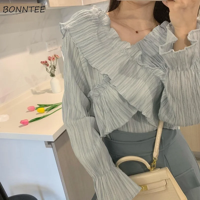 Blouses Woman Elegant Office Ladies All-match Solid Folds Butterfly-sleeve Sweet Casual Summer V-neck Korean Style Ins Design