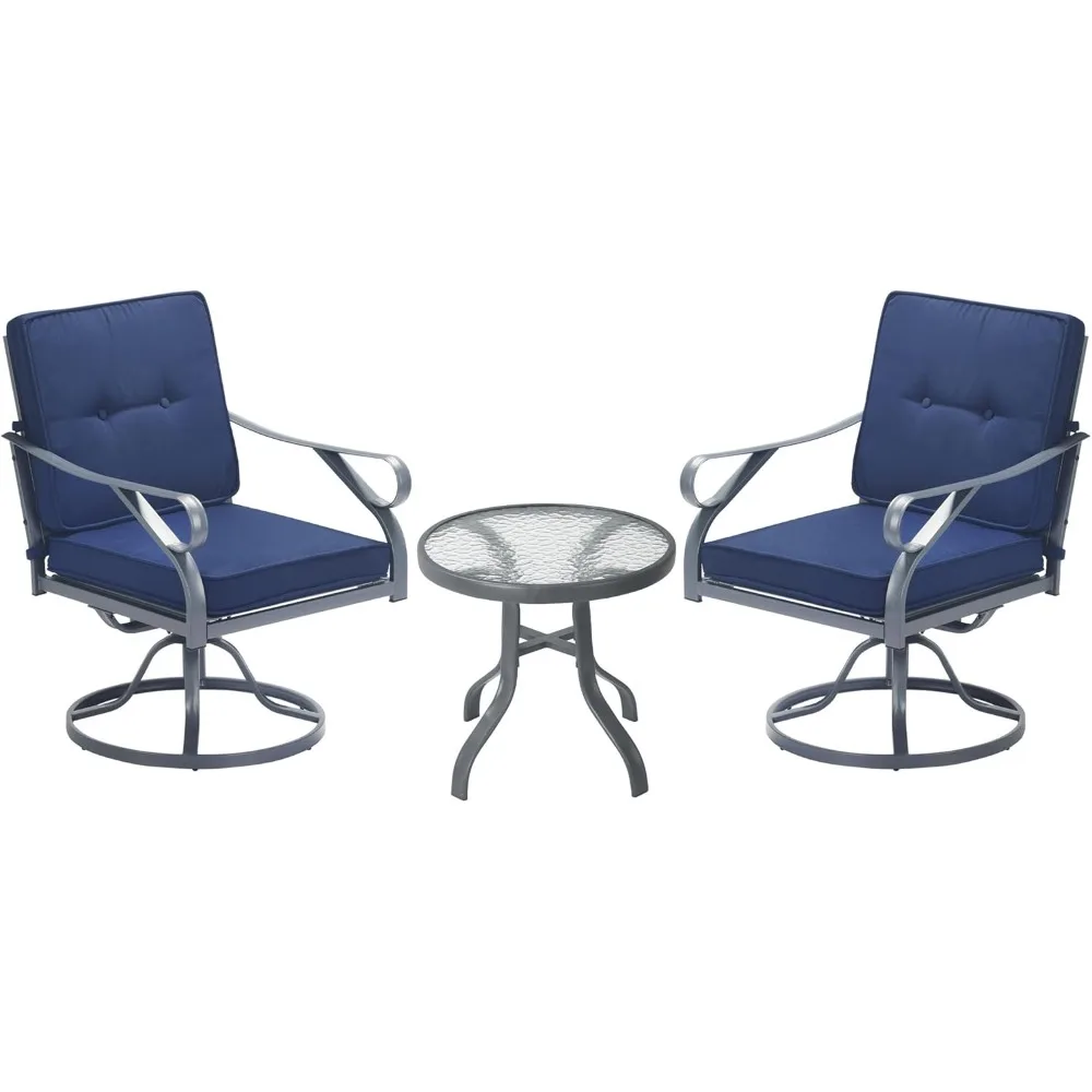 

3 Piece Outdoor Patio Bistro Set with 2 360-Degree Swivel Rocking Chairs, Cushions, and 1 Tempered Glass Table for Lawn, Porch,