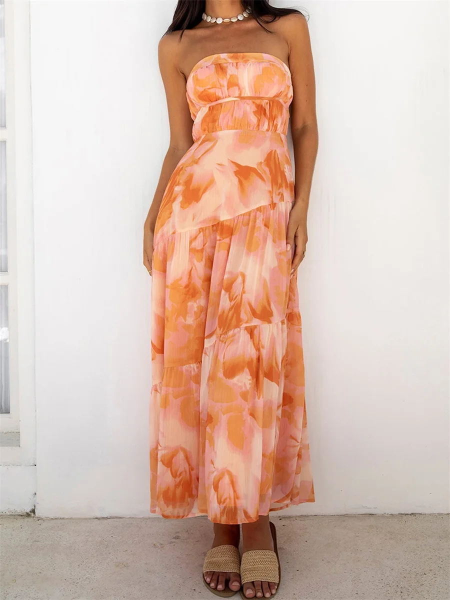 Nova moda feminina vestido sem alças elegante estampa floral sem mangas tubo longo vestido para verão venda quente s m l