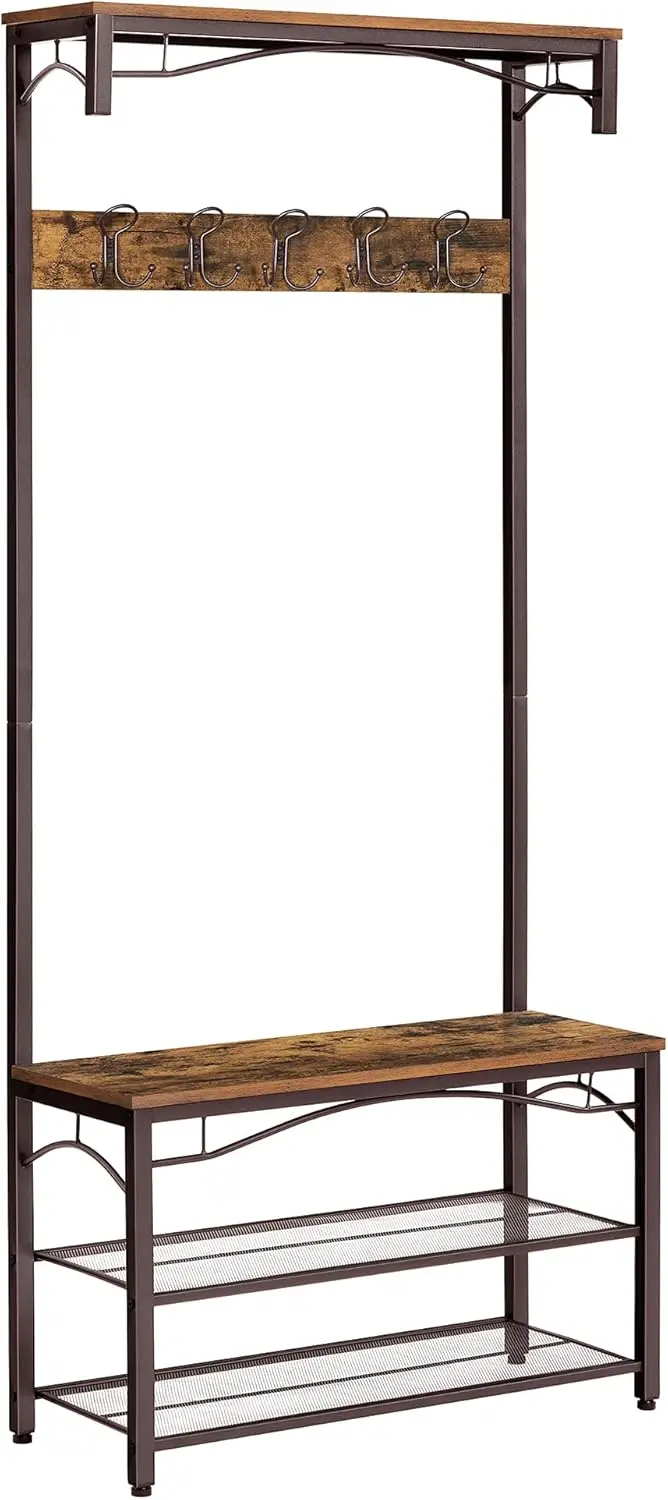 Coat Ra, 3-In-1 Hall Tree, Entryway Shoe Bench Coat Stand, Storage Shelves Accent Furniture Steel Frame Large Size, Industrial,