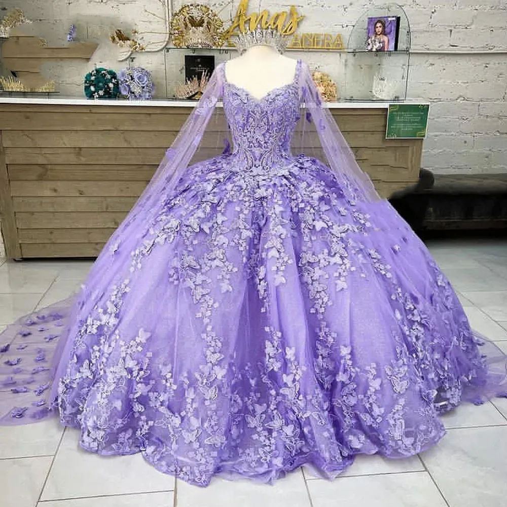 

Romantic lilac lavender Butterfly Applique Quinceanera Dresses Lace-up with Cape corset prom Sweet 16 Dress Vestidos