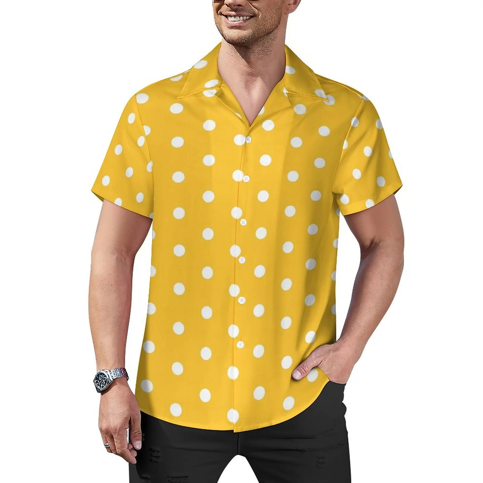 

Polka Dots Beach Shirt White And Yellow Hawaii Casual Shirts Men Elegant Blouses Short Sleeve Streetwear Graphic Clothing