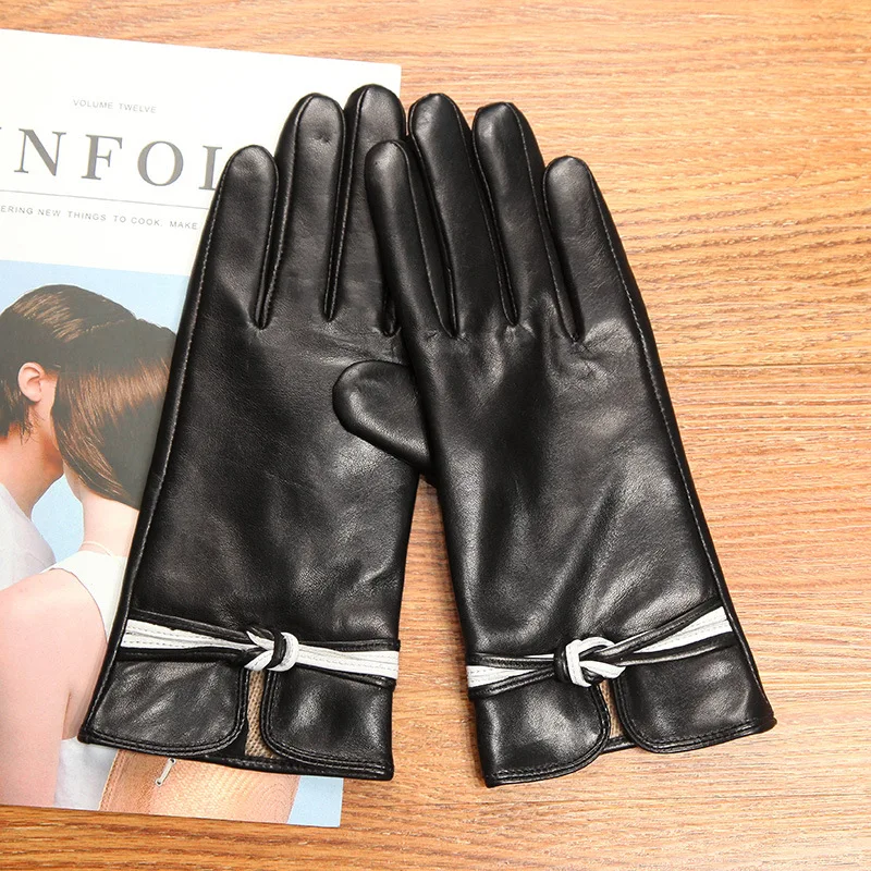 Real Leather Women Gloves Autumn Winter Thermal Wool Knitted Lined Wrist Butterfly Knots Driving Sheepskin Gloves Female L0131