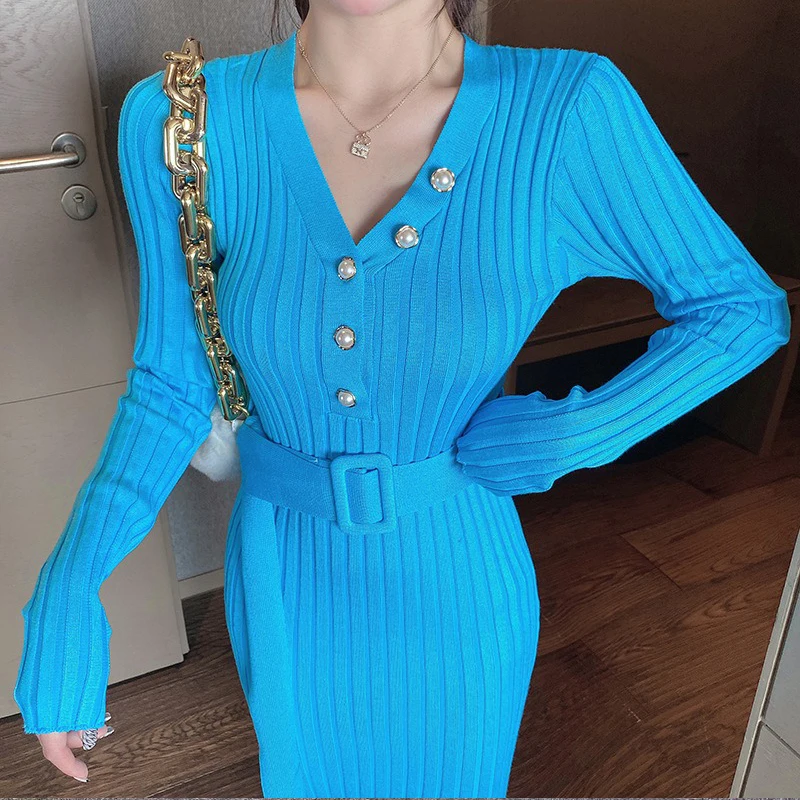 YuooMuoo2024 outono inverno feminino vestido de malha com nervuras elegante com decote em v botões bodycon camisola vestido com cinto senhora escritório vestido