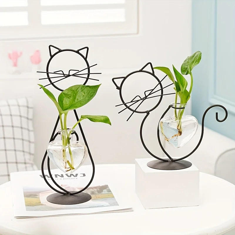 1pc Modern Desktop Glass Planter Vase Holder for Hydroponics Plants - Creative Cat Plant Terrarium Metal Stand for  Garden Weddi