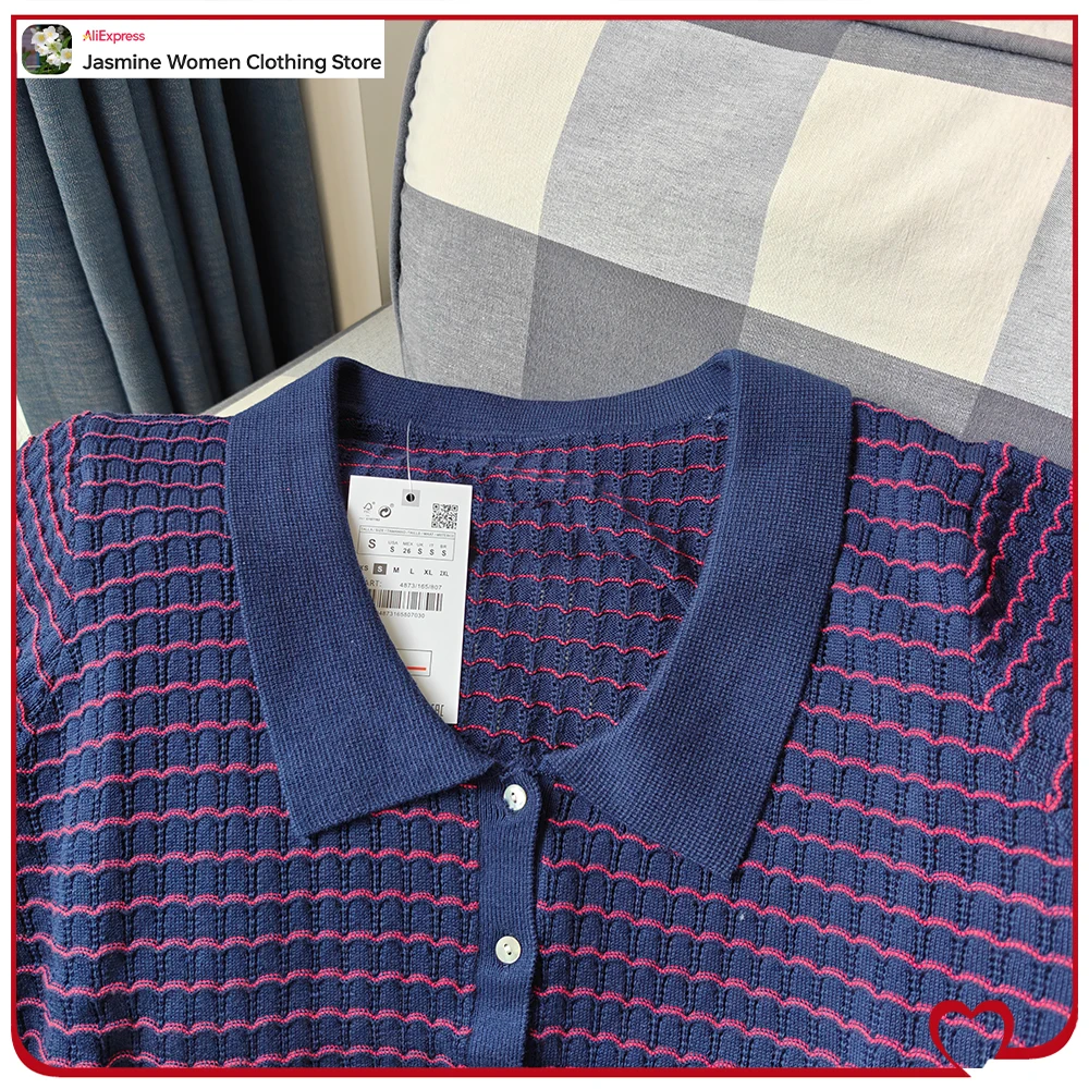 New in Elegant Knit Peter Pan Collar Tops for Women Summer Contrasting Pinstriped Cardigan Casual Short Sleeves Knitted T-shirts