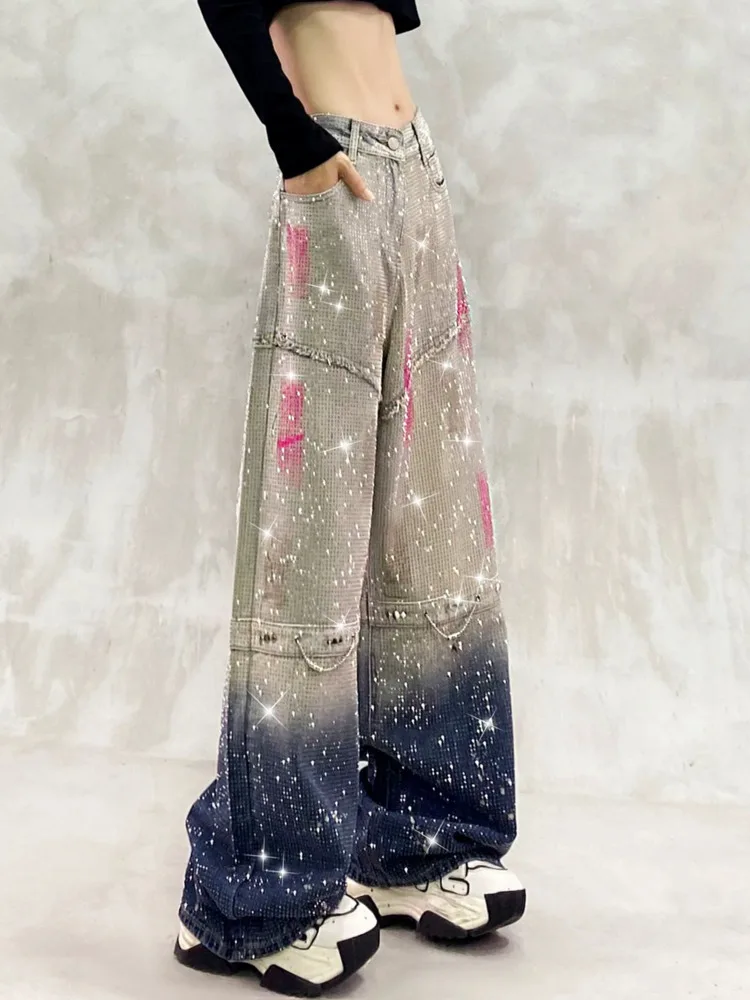 

Весна 2025 г., свободные широкие джинсы с высокой талией, цветные повседневные крутые джинсовые брюки со стразами и градиентной росписью в виде звезд, ретро для женщин