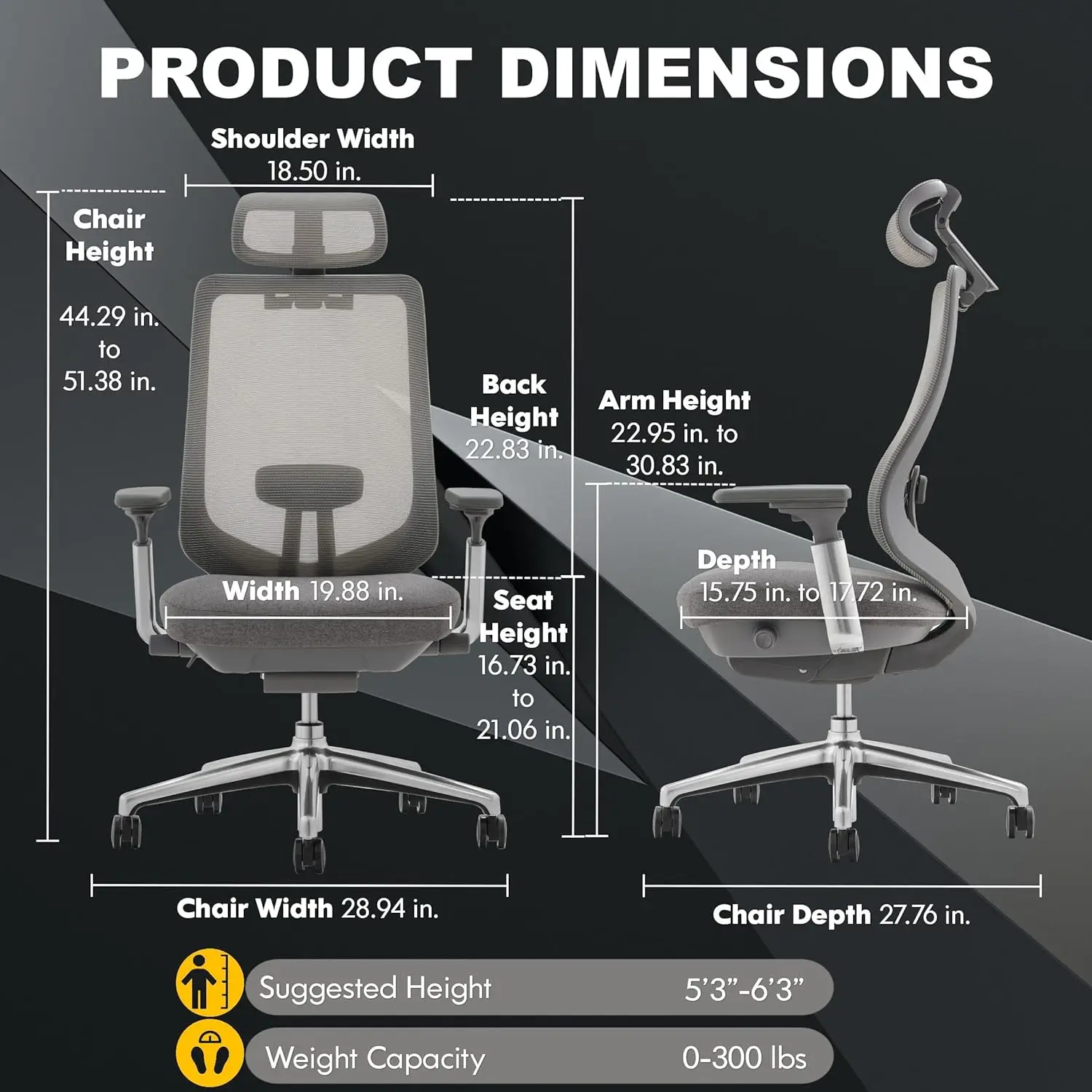 Ergonomic Mesh Office Chair, High Back Executive Desk Adjustable Headrest, 4D Arm, Slide Seat, Tilt Lock, Lumbar Support, Grey