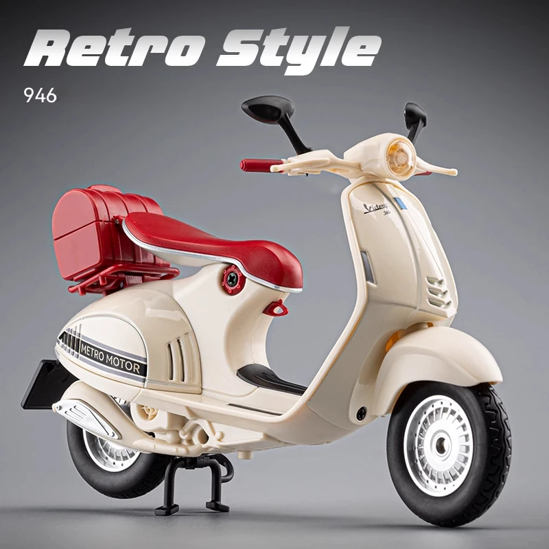 Vespa-合金モーターサイクルモデル946,ダイキャスト,金属,レトロ,音と光のシミュレーション,子供のおもちゃ,ギフト,1:12