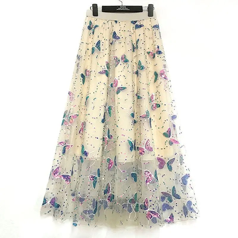 Sequin Butterfly Long Tulle Skirt for Women Spring Summer Fashion Design A Line High Waist Maxi Mesh Princess Party Skirt