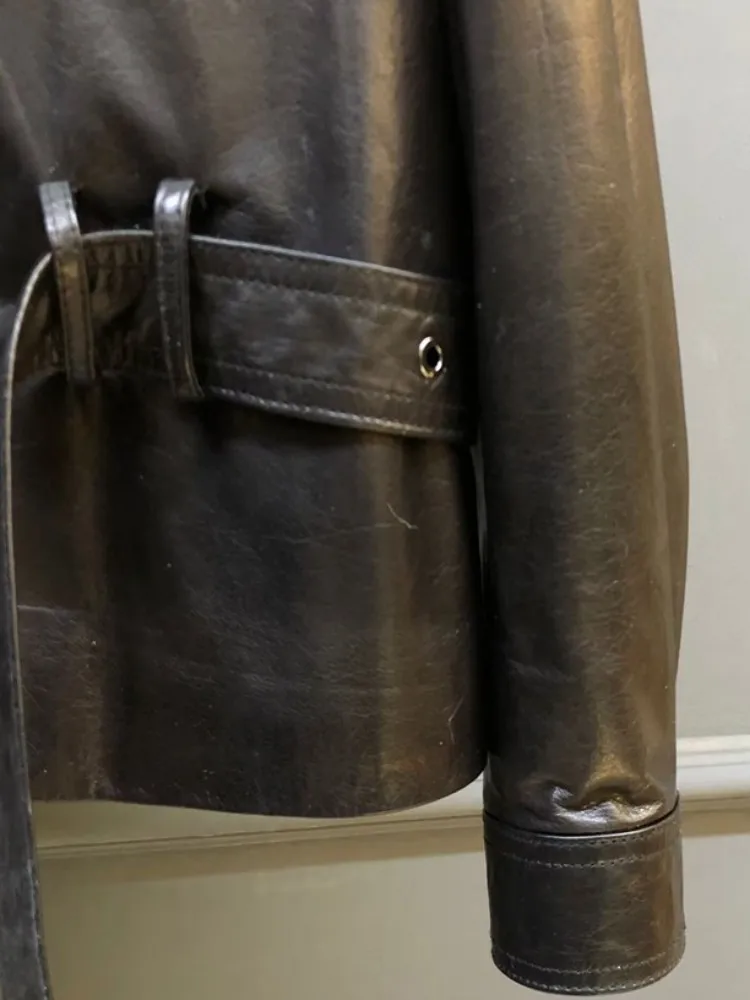 Britse stijl vierkante hals effen kleur lederen jas losse schapenvacht met lange mouwen enkele rij knopen zak sjerpen damesjas