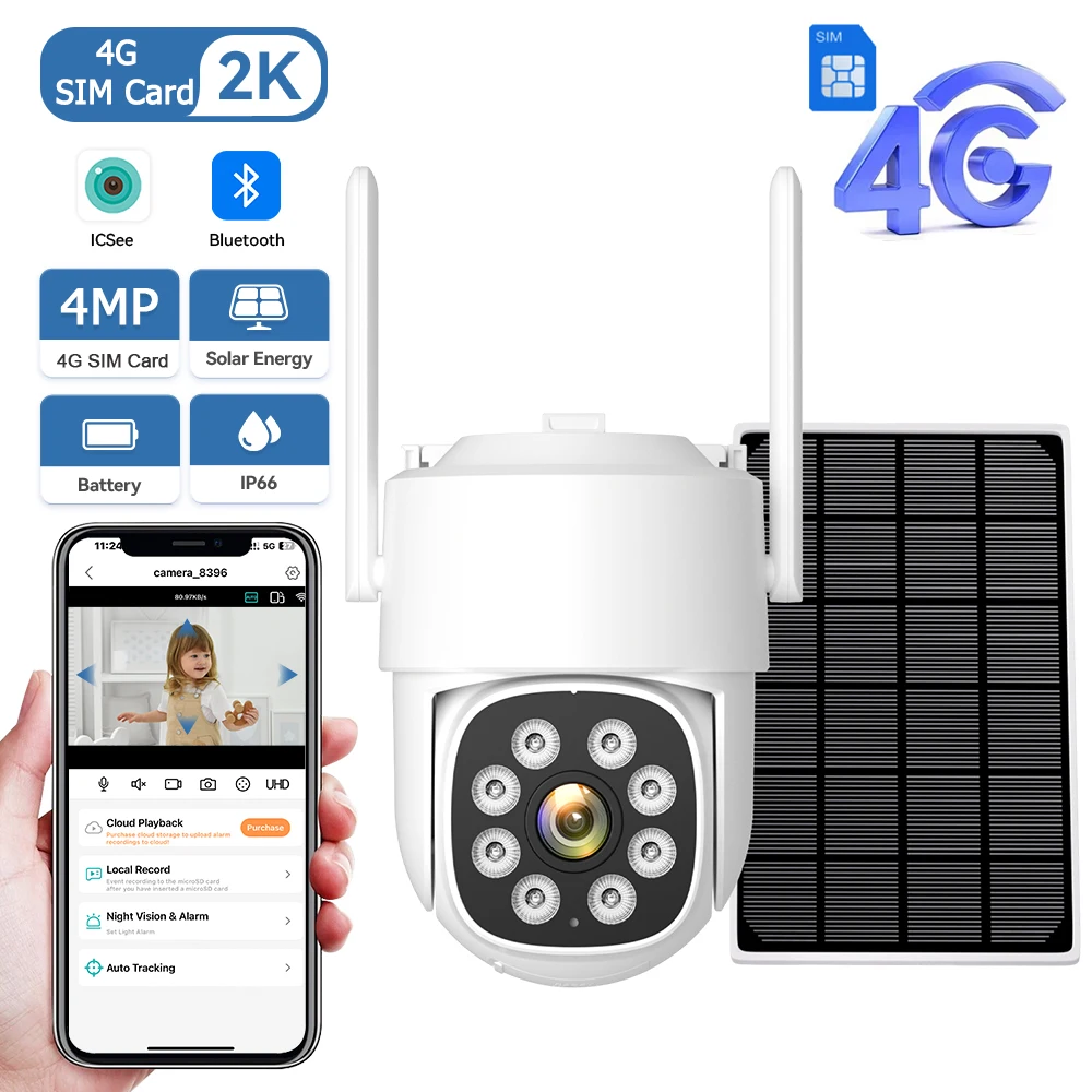 2K 4MP 4G Solar Surveillance Security Camera 24 7 Video Built in Battery AOV Outdoor Color Night Vision CCTV Camera iCSee APP