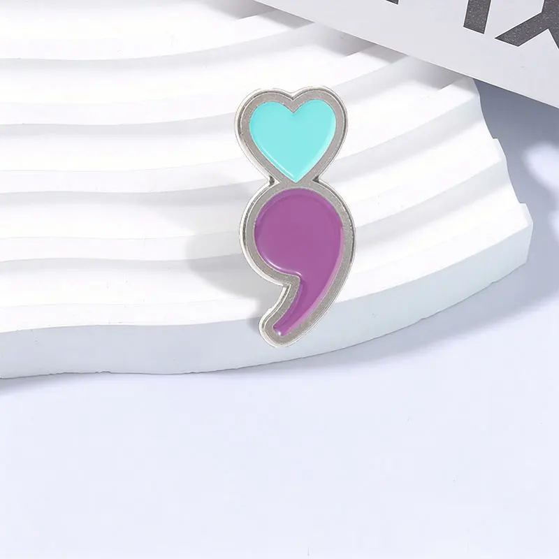 Heart Comma Semicolon Inspired Badge Enamel Pins Mental Health Awareness Symbol Metal Brooch Backpack Lapel Badge Jewelry Gifts