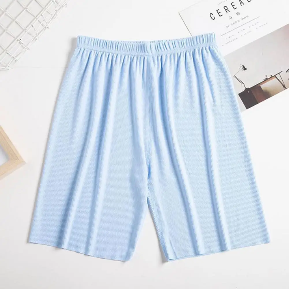 Men Sleeping Shorts Mid-rise Elastic Waistband Pajama Shorts Breathable Wide Leg Ice Silk Sleepwear Shorts Ribbed Casual Shorts