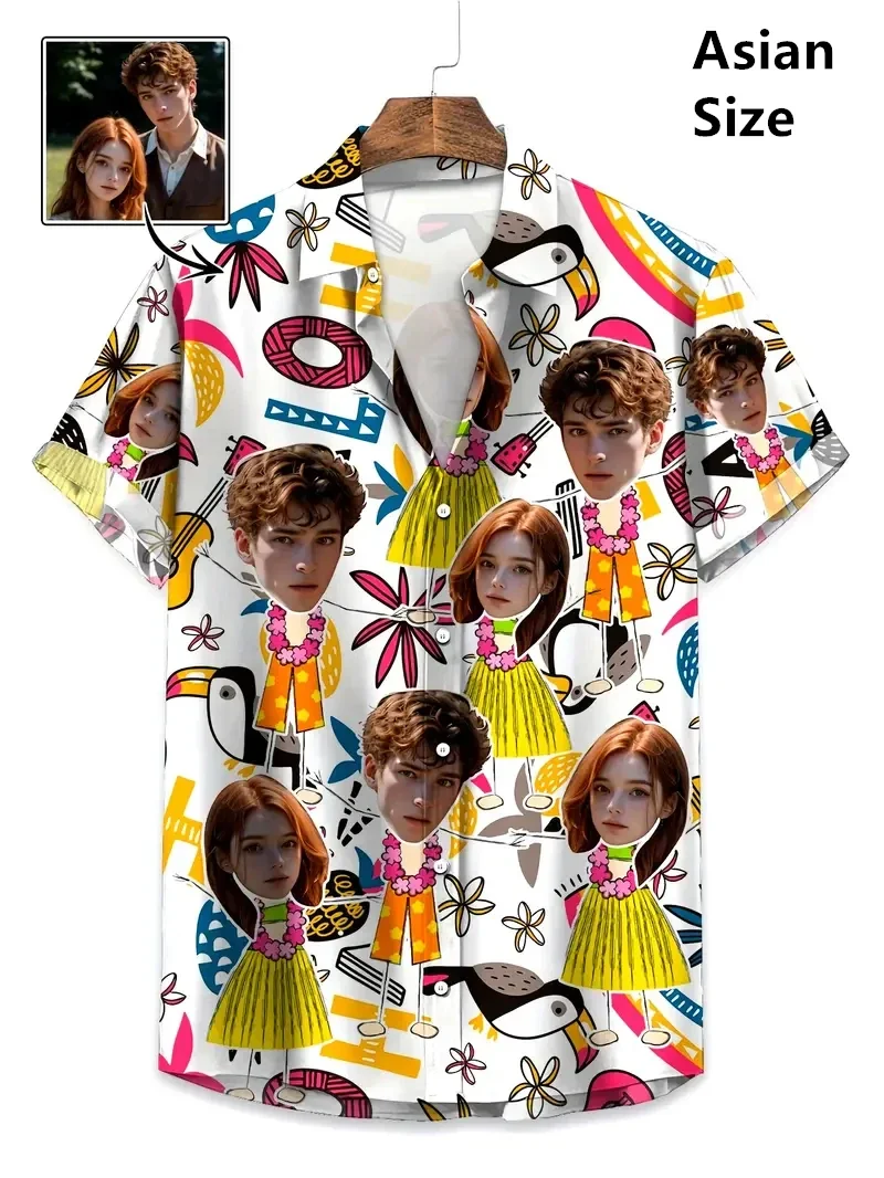 

Мужская рубашка с 3D-принтом и фото на заказ, гавайская пляжная рубашка в стиле 90-х, ретро-одежда, рубашка с коротким воротником и коротким рукавом