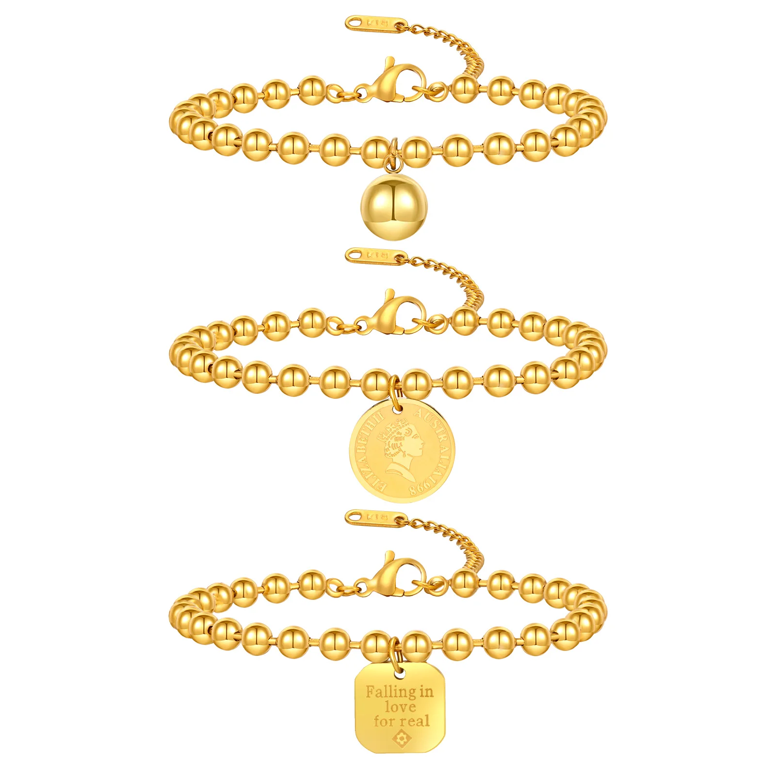 

4mm Bead Ball Strand Chain Bracelet, Queen Elizabeth Coin Charms Pendant Stainless Steel Wristband Adjustable Gifts for Women